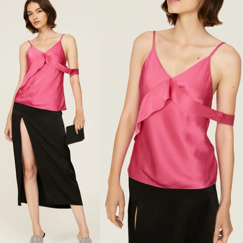 Helmut Lang Satin Pink Sash Slip Top‎ Size 8 Party Blouse Ruffle HLW47378 Barbie